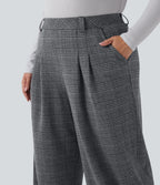 Plus Size High Waisted Wide Leg Houndstooth Plaid Casual Trousers with Pockets — Dark Gray Plaid — view 5