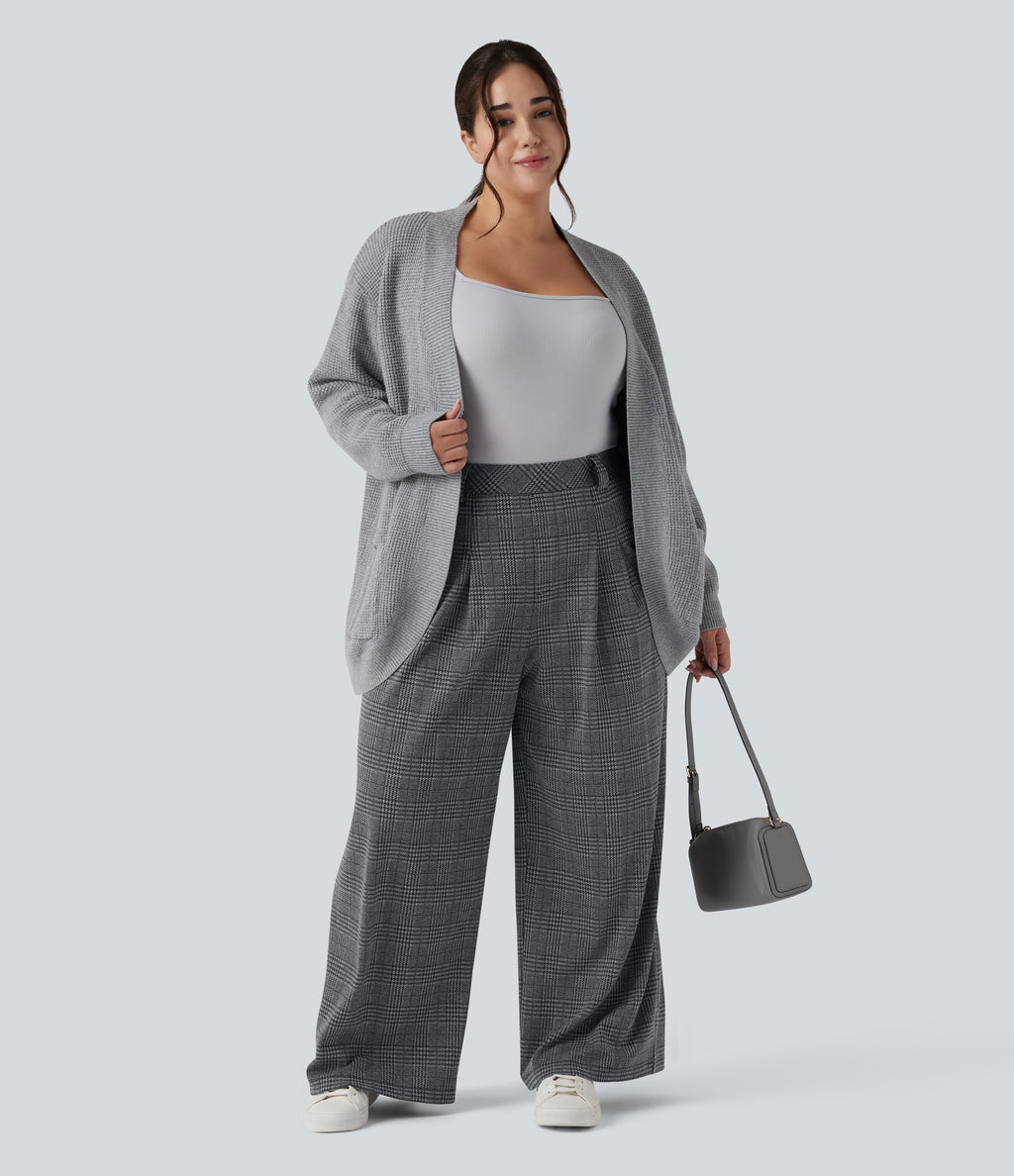 Plus Size High Waisted Wide Leg Houndstooth Plaid Casual Trousers with Pockets — Dark Gray Plaid — view 6
