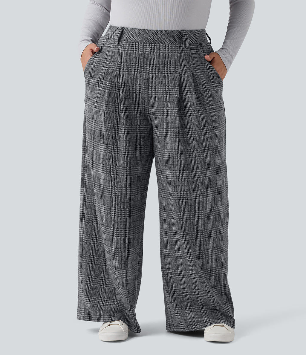 Plus Size High Waisted Wide Leg Houndstooth Plaid Casual Trousers with Pockets — Dark Gray Plaid — view 1