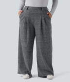 Plus Size High Waisted Wide Leg Houndstooth Plaid Casual Trousers with Pockets — Dark Gray Plaid — view 1