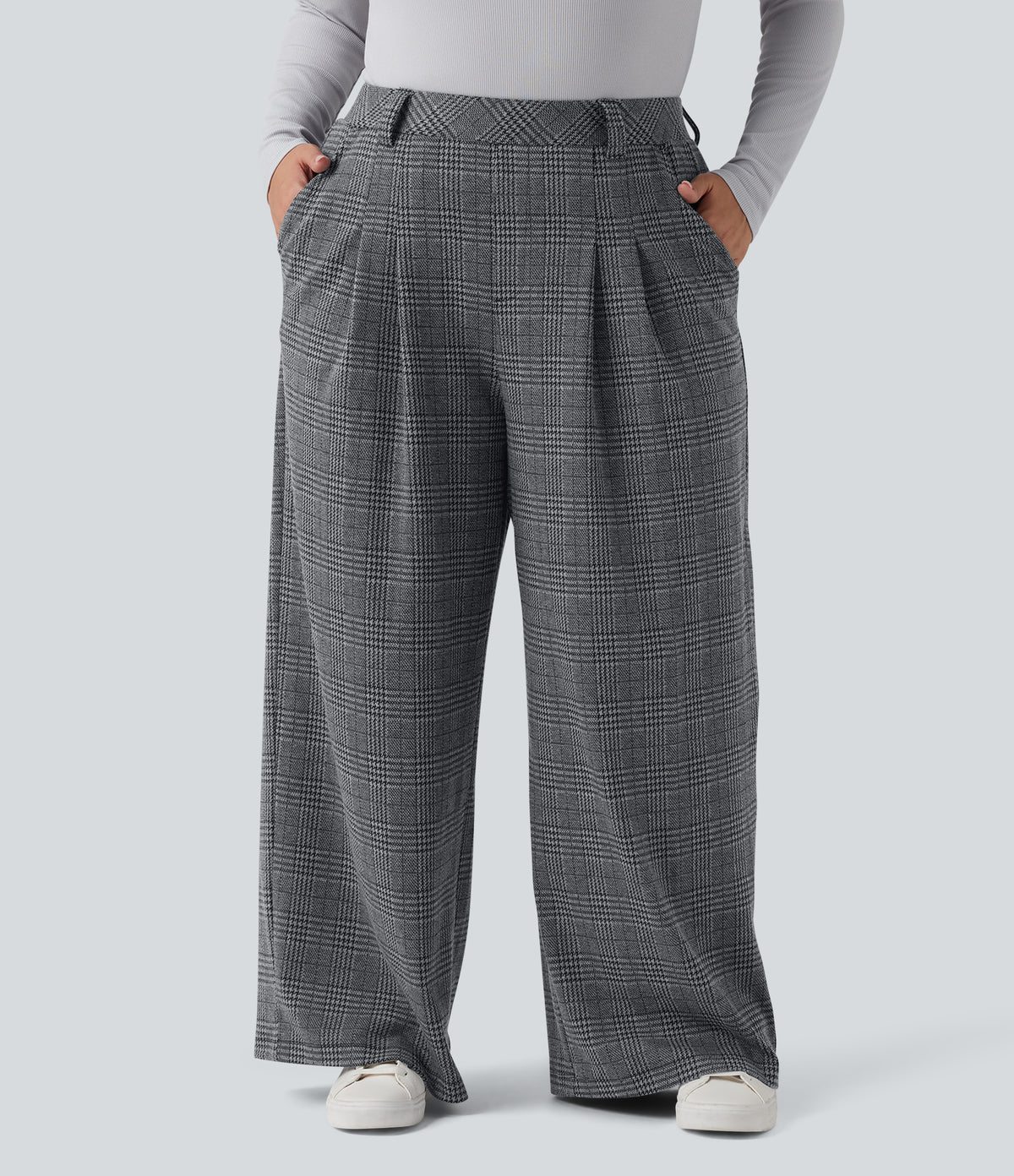 Plus Size High Waisted Wide Leg Houndstooth Plaid Casual Trousers with Pockets — Dark Gray Plaid — view 1
