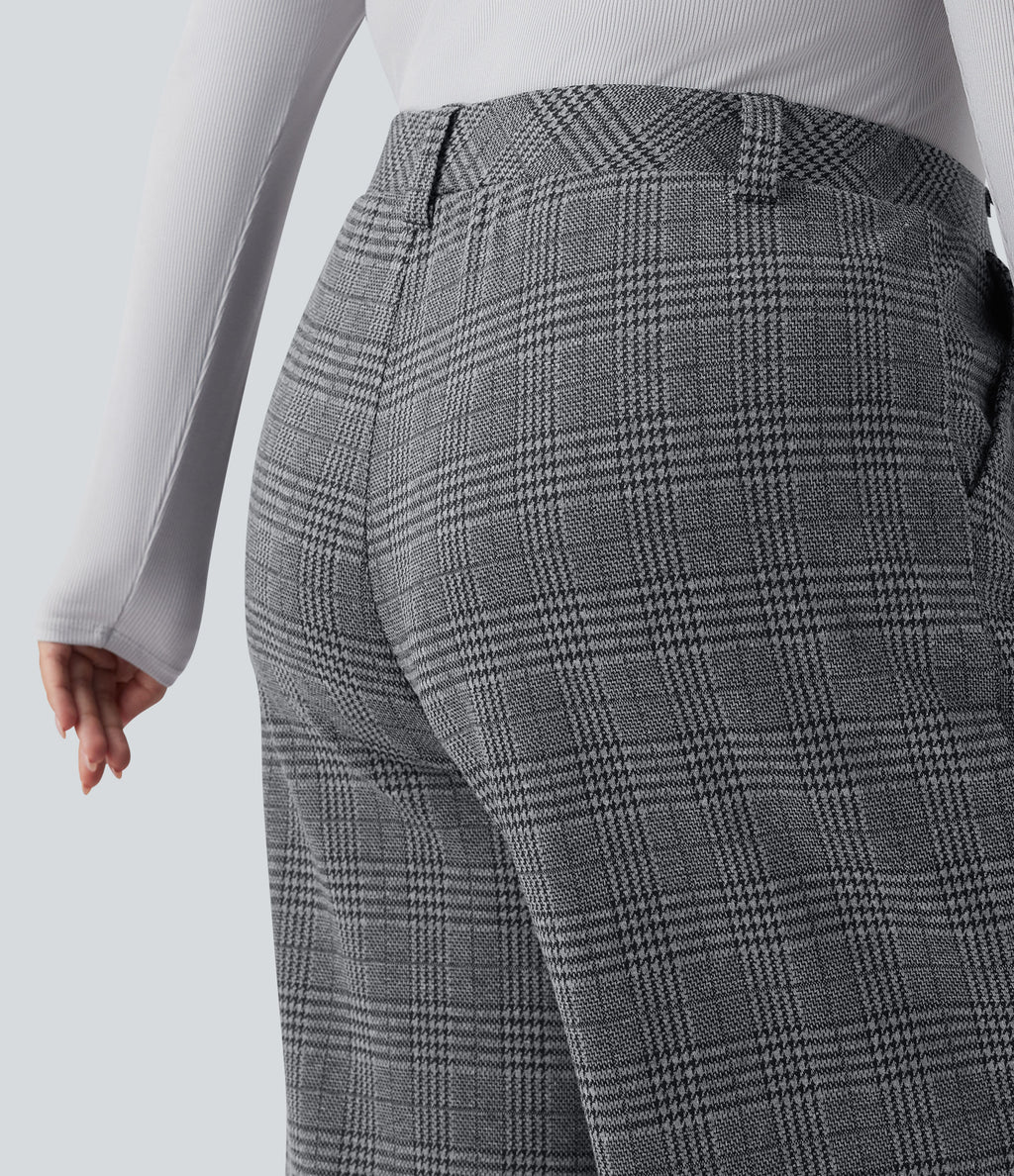 Plus Size High Waisted Wide Leg Houndstooth Plaid Casual Trousers with Pockets — Dark Gray Plaid — view 4