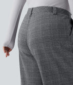 Plus Size High Waisted Wide Leg Houndstooth Plaid Casual Trousers with Pockets — Dark Gray Plaid — view 4