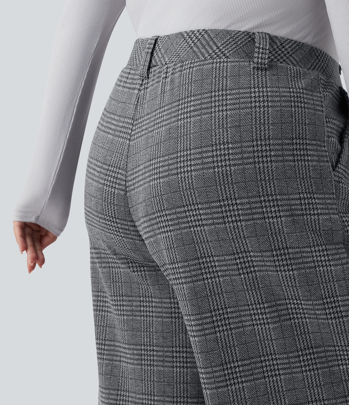 Plus Size High Waisted Wide Leg Houndstooth Plaid Casual Trousers with Pockets — Dark Gray Plaid — view 4