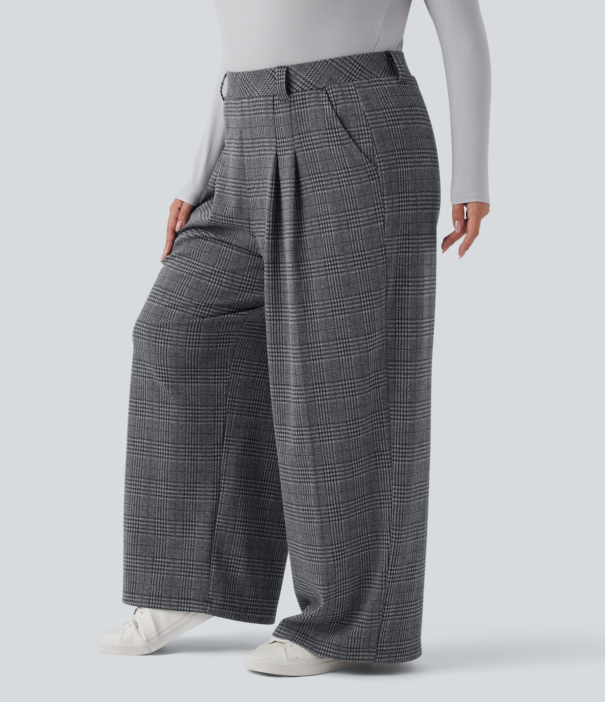 Plus Size High Waisted Wide Leg Houndstooth Plaid Casual Trousers with Pockets — Dark Gray Plaid — view 3