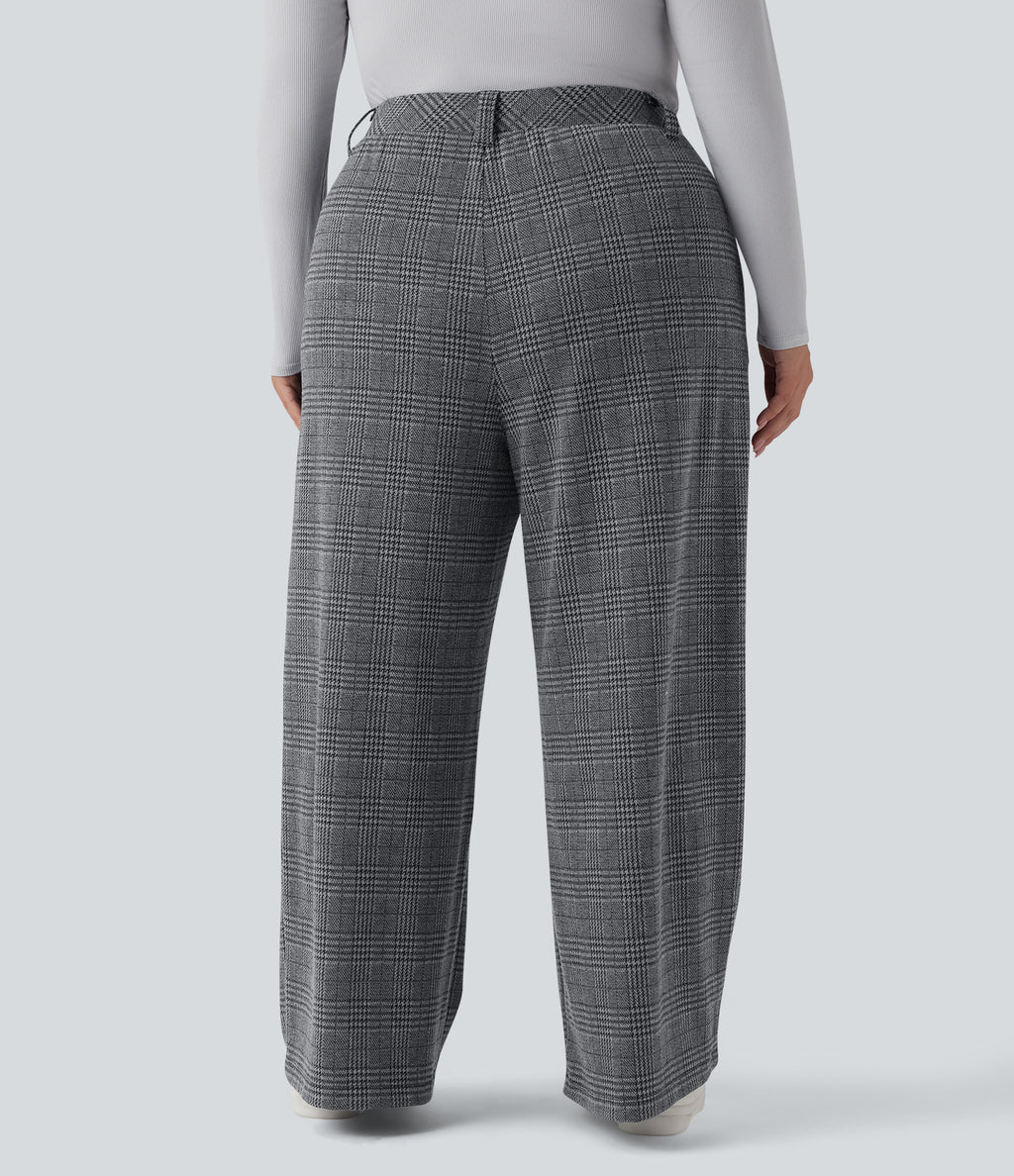 Plus Size High Waisted Wide Leg Houndstooth Plaid Casual Trousers with Pockets — Dark Gray Plaid — view 2
