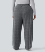Plus Size High Waisted Wide Leg Houndstooth Plaid Casual Trousers with Pockets — Dark Gray Plaid — view 2