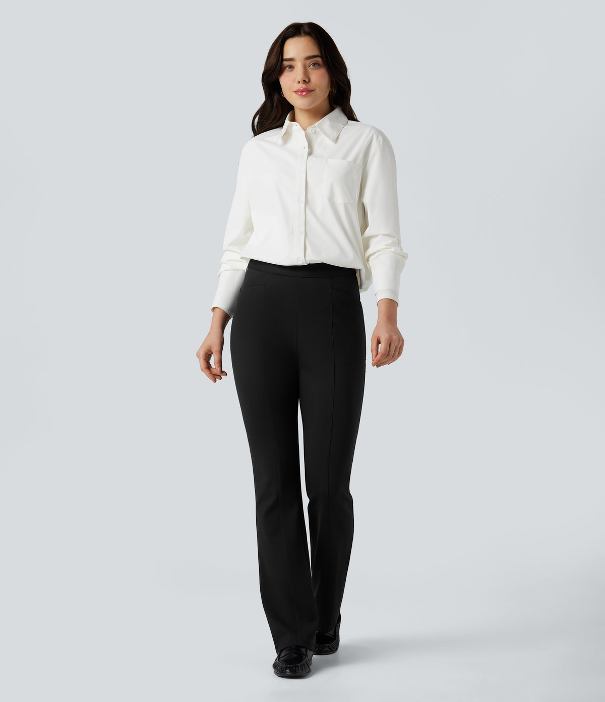 Crossover High Waisted Work Flared Trousers with Pockets — Black — view 6