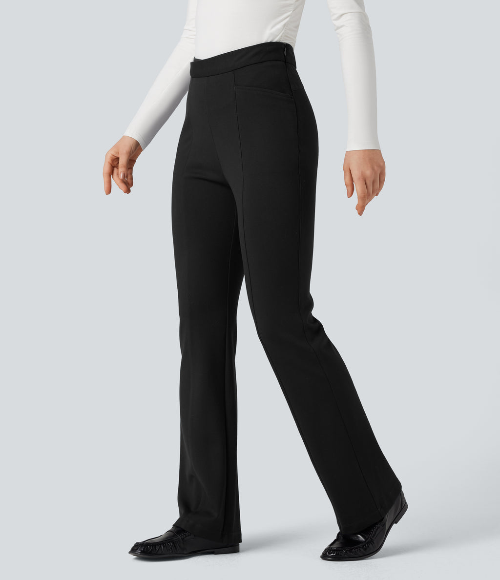 Crossover High Waisted Work Flared Trousers with Pockets — Black — view 1
