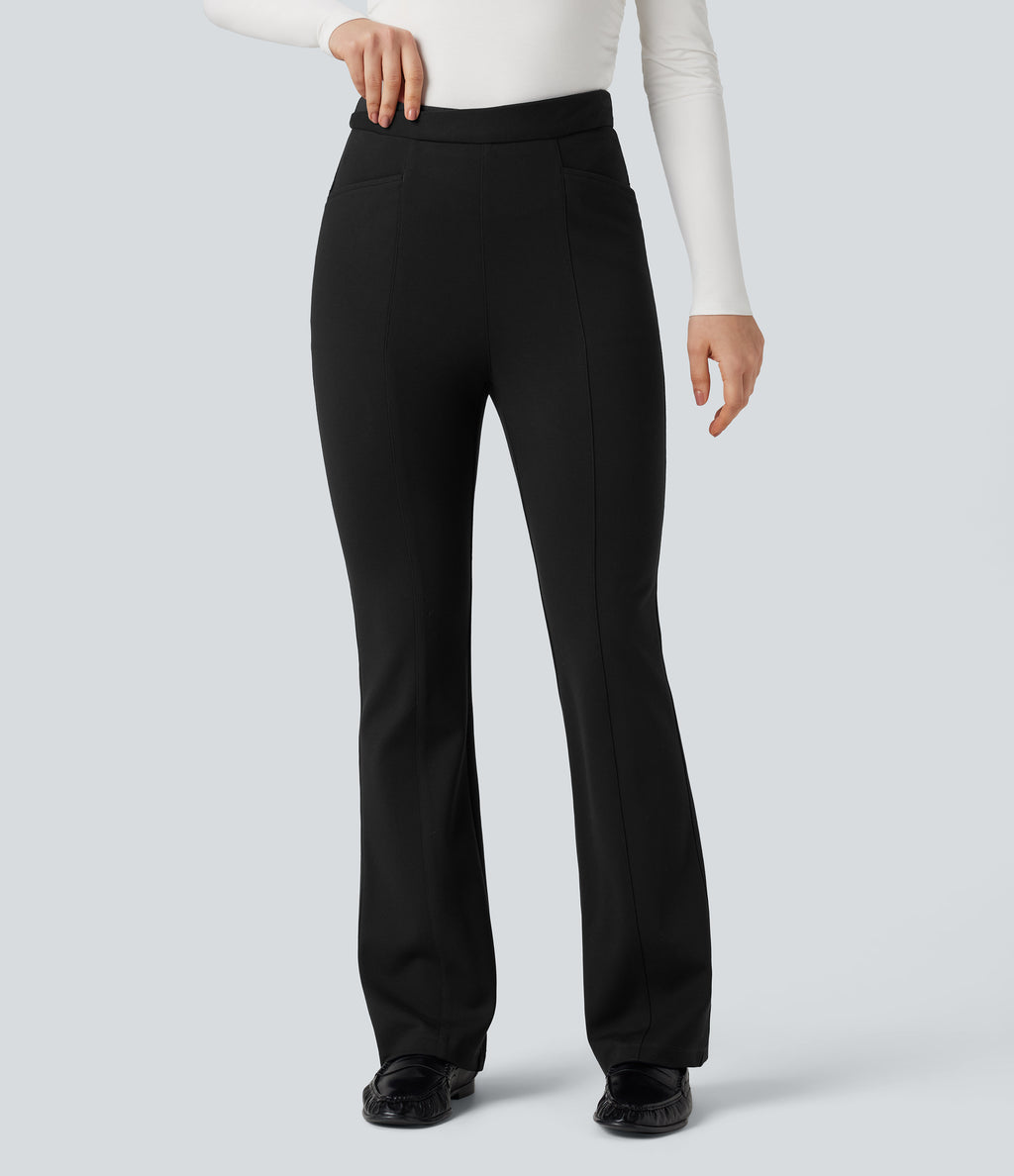 Crossover High Waisted Work Flared Trousers with Pockets — Black — view 3