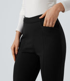 Crossover High Waisted Work Flared Trousers with Pockets — Black — view 4