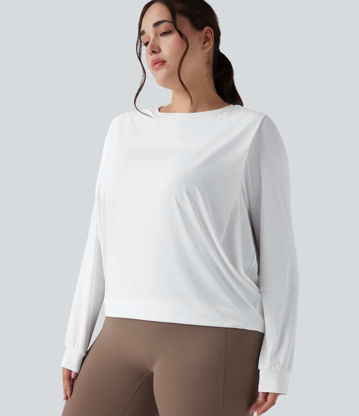 Round Neck Long Sleeve Ruched Yoga Plus Size Sports Top-UPF50+ — White — view 4