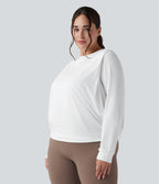 Round Neck Long Sleeve Ruched Yoga Plus Size Sports Top-UPF50+ — White — view 3