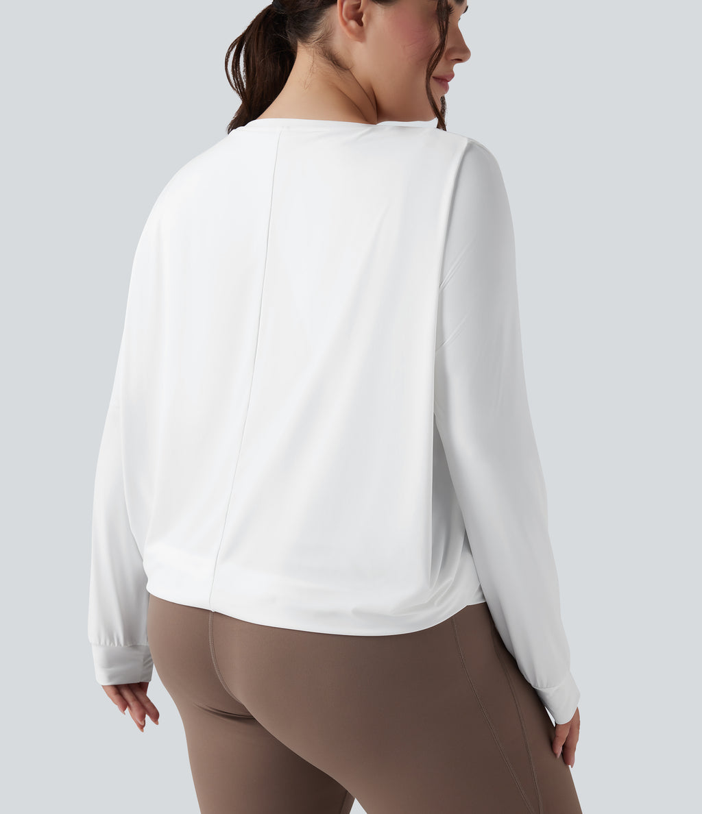 Round Neck Long Sleeve Ruched Yoga Plus Size Sports Top-UPF50+ — White — view 5