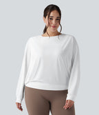 Round Neck Long Sleeve Ruched Yoga Plus Size Sports Top-UPF50+ — White — view 1