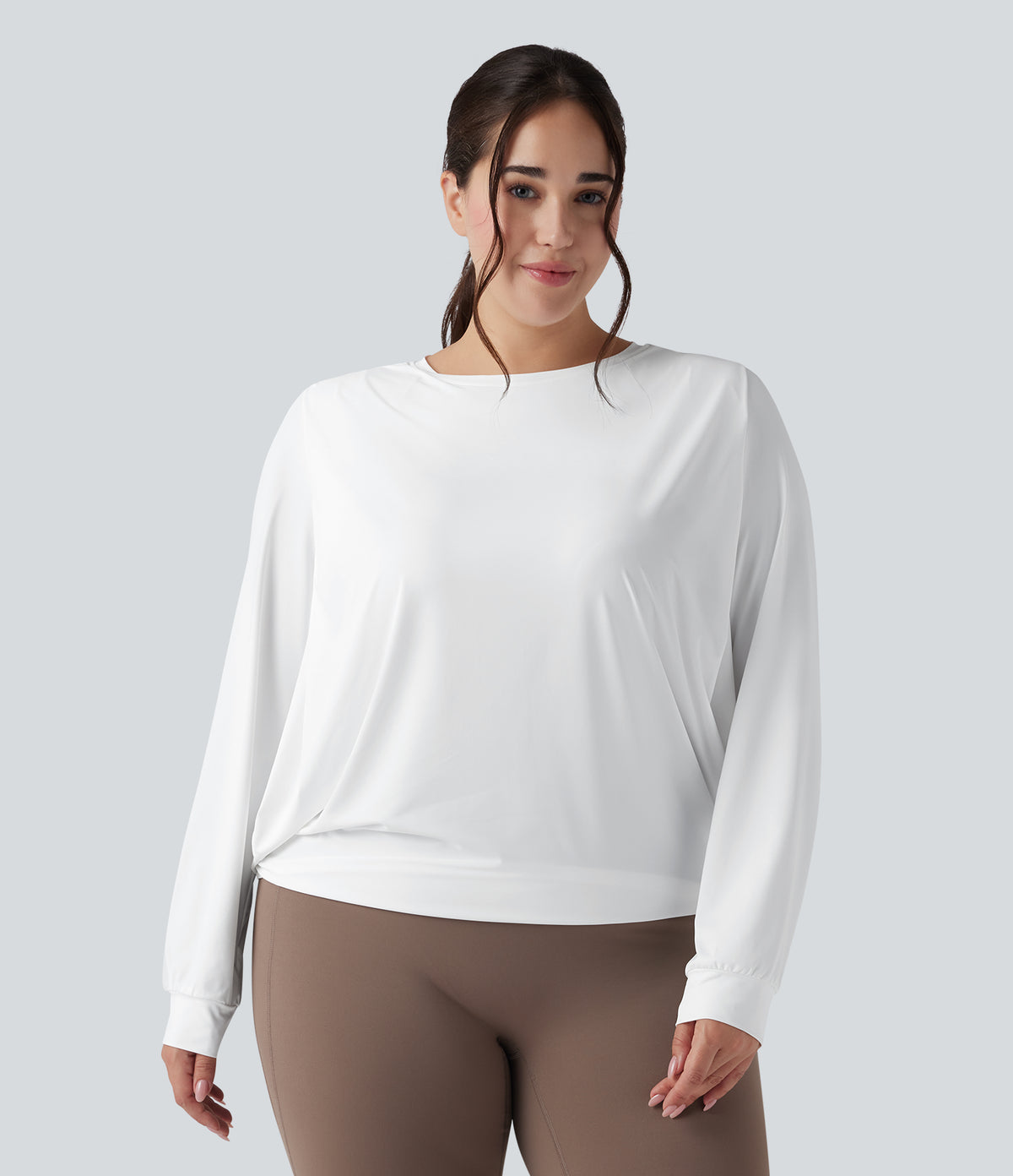 Round Neck Long Sleeve Ruched Yoga Plus Size Sports Top-UPF50+ — White — view 1