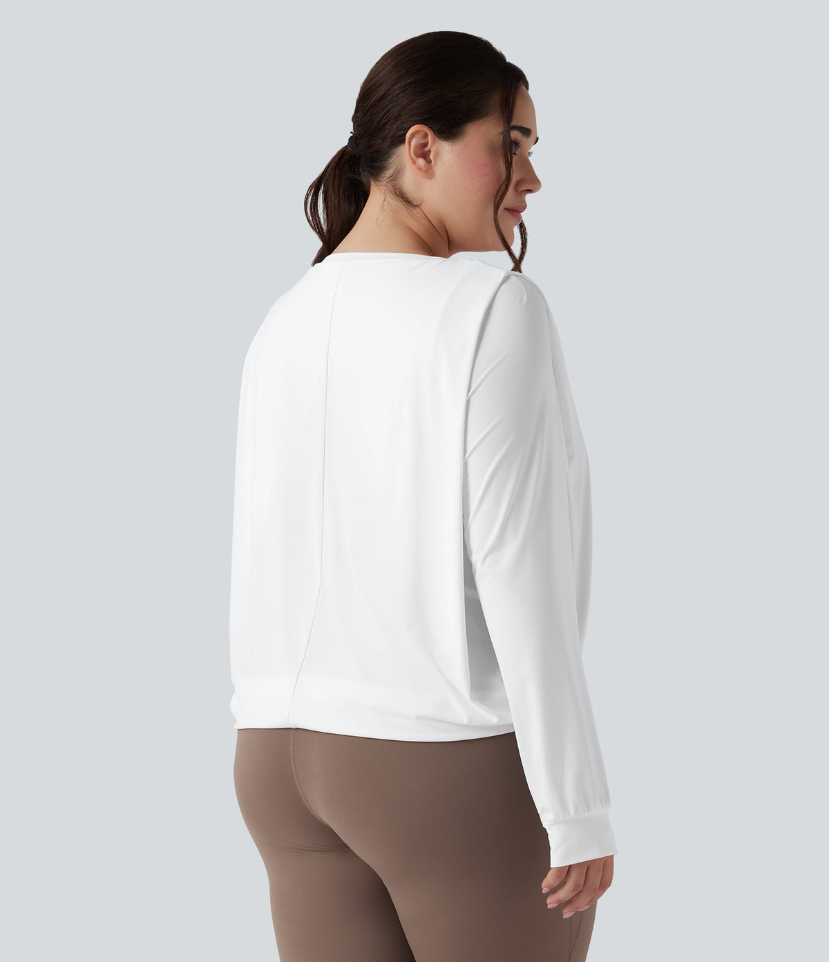 Round Neck Long Sleeve Ruched Yoga Plus Size Sports Top-UPF50+ — White — view 2