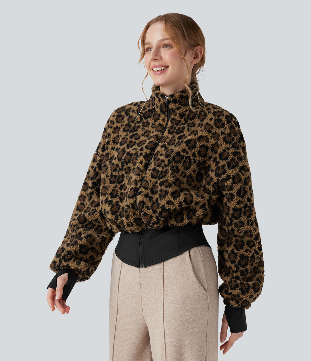 3-in-1 Stand Collar Long Sleeve Thumb Holes Jacket & Drawstring Hem Sherpa Jacket with Pockets — Amber Leopard — view 5
