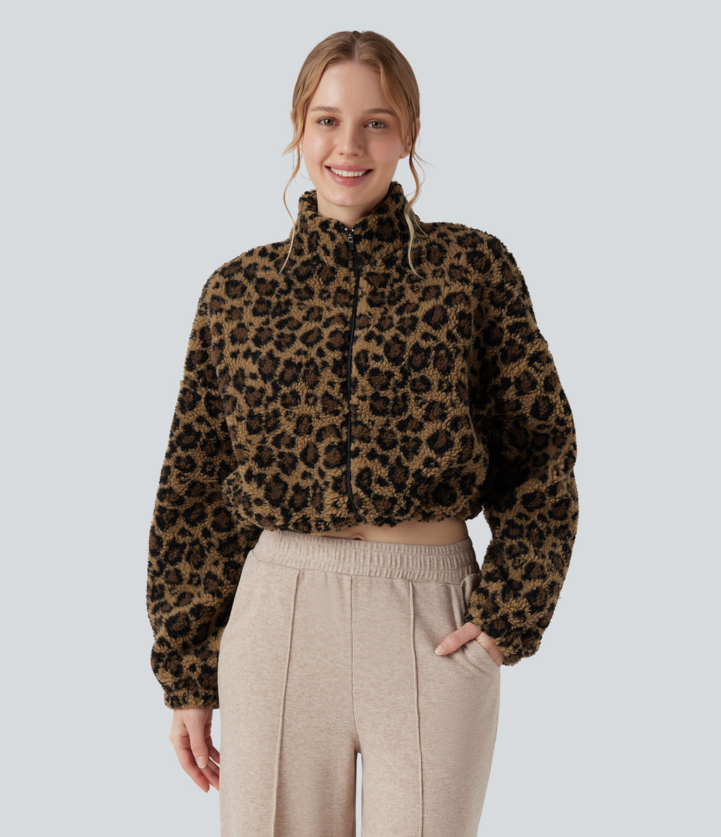 3-in-1 Stand Collar Long Sleeve Thumb Holes Jacket & Drawstring Hem Sherpa Jacket with Pockets — Amber Leopard — view 7