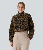 3-in-1 Stand Collar Long Sleeve Thumb Holes Jacket & Drawstring Hem Sherpa Jacket with Pockets — Amber Leopard — view 7