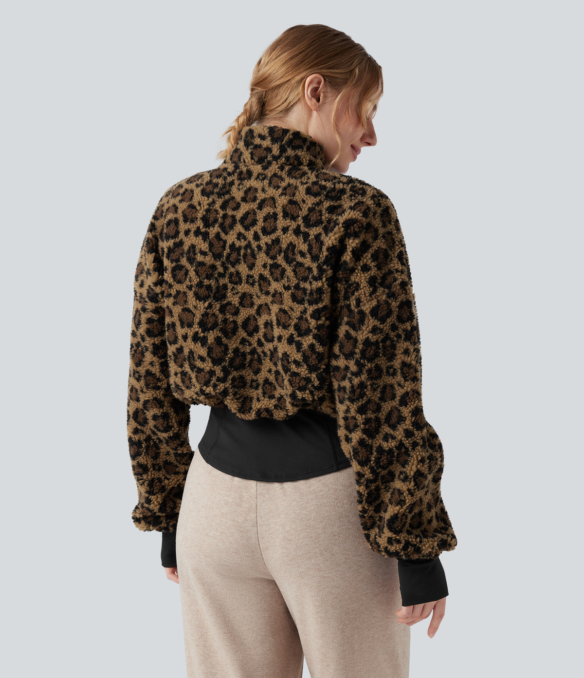 3-in-1 Stand Collar Long Sleeve Thumb Holes Jacket & Drawstring Hem Sherpa Jacket with Pockets — Amber Leopard — view 4