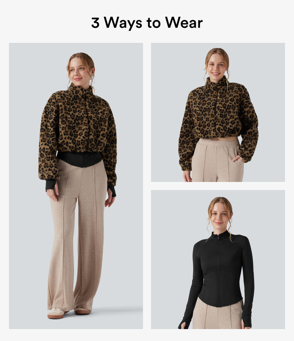 3-in-1 Stand Collar Long Sleeve Thumb Holes Jacket & Drawstring Hem Sherpa Jacket with Pockets — Amber Leopard — view 2