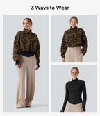3-in-1 Stand Collar Long Sleeve Thumb Holes Jacket & Drawstring Hem Sherpa Jacket with Pockets — Amber Leopard — view 2