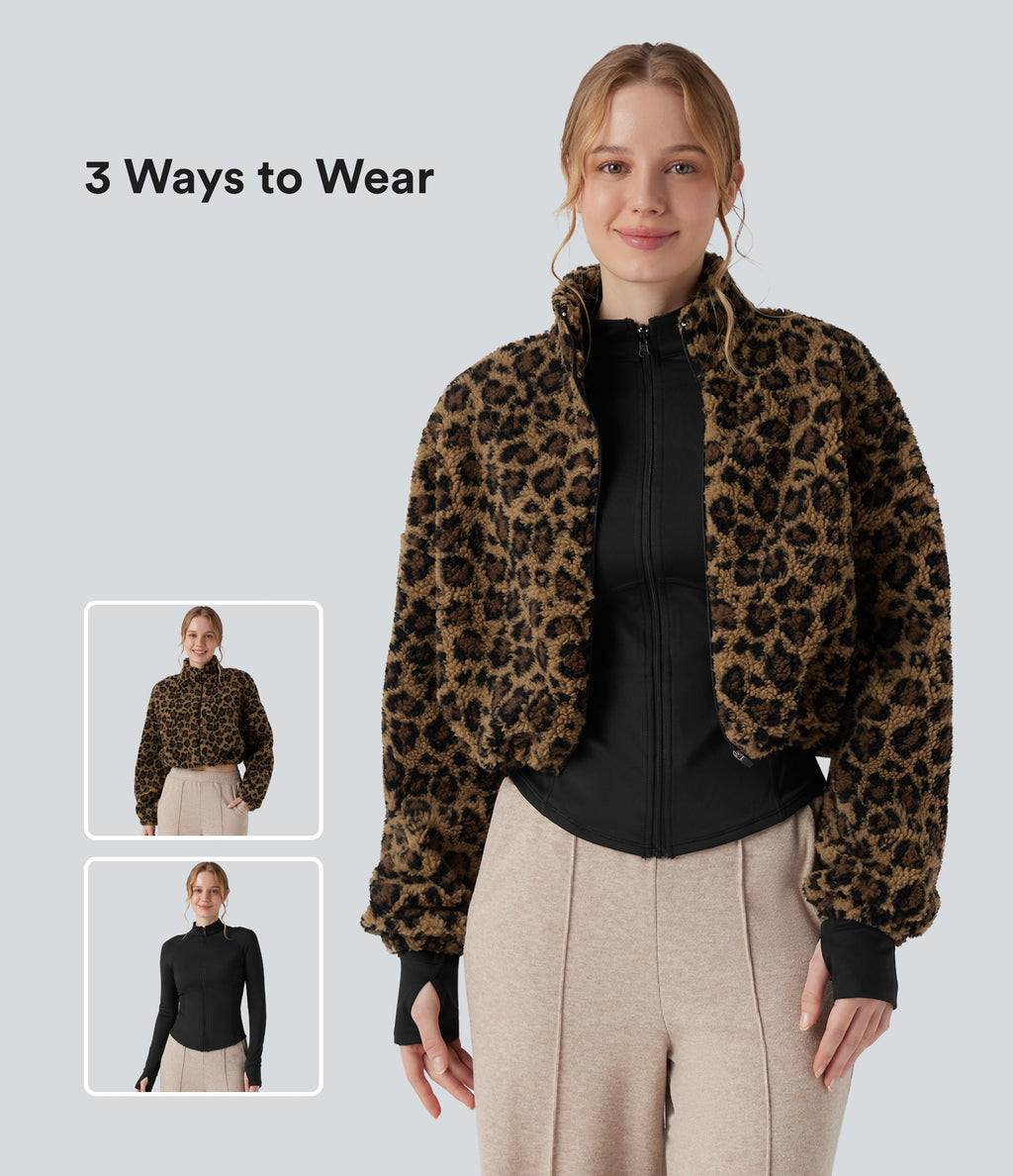 3-in-1 Stand Collar Long Sleeve Thumb Holes Jacket & Drawstring Hem Sherpa Jacket with Pockets — Amber Leopard — view 1