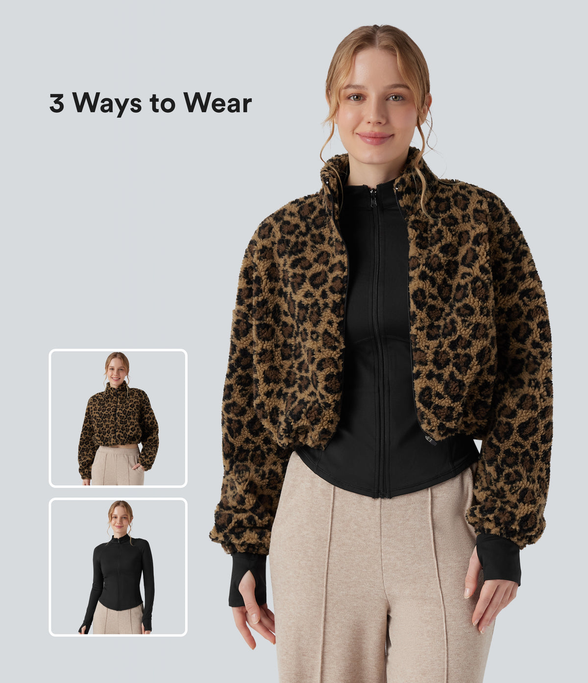 3-in-1 Stand Collar Long Sleeve Thumb Holes Jacket & Drawstring Hem Sherpa Jacket with Pockets — Amber Leopard — view 1