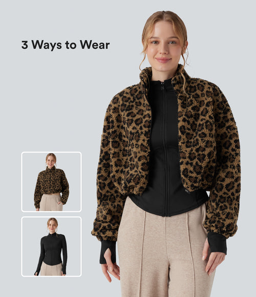3-in-1 Stand Collar Long Sleeve Thumb Holes Jacket & Drawstring Hem Sherpa Jacket with Pockets — Amber Leopard — view 1