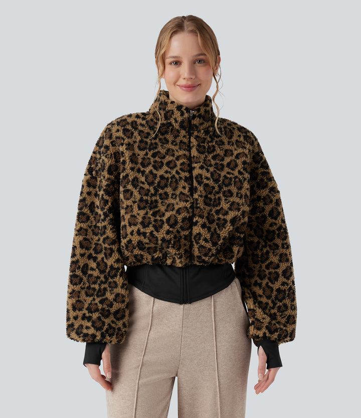 3-in-1 Stand Collar Long Sleeve Thumb Holes Jacket & Drawstring Hem Sherpa Jacket with Pockets — Amber Leopard — view 3