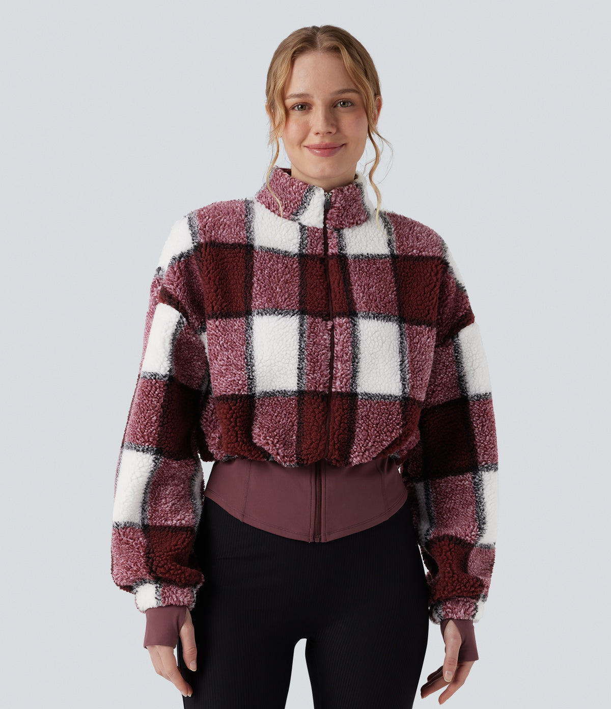 3-in-1 Stand Collar Long Sleeve Thumb Holes Jacket & Drawstring Hem Sherpa Jacket with Pockets — Mulberry Check — view 9