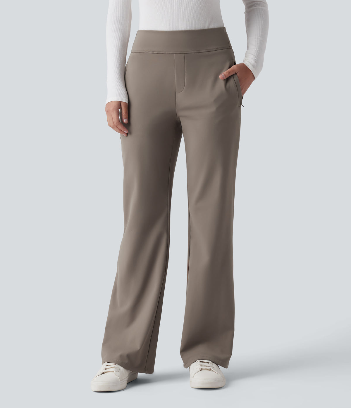 Mid Rise Fleece Work Flared Trousers with Zip Pockets — Walnut — view 3