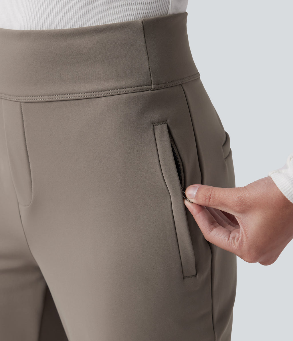 Mid Rise Fleece Work Flared Trousers with Zip Pockets — Walnut — view 4