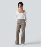 Mid Rise Fleece Work Flared Trousers with Zip Pockets — Walnut — view 6