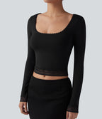 U-Neck Long Sleeve Contrast Lace Work T-Shirt — Black — view 6