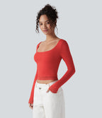 U-Neck Long Sleeve Contrast Lace Work T-Shirt — Aurora Red — view 4