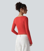 U-Neck Long Sleeve Contrast Lace Work T-Shirt — Aurora Red — view 3