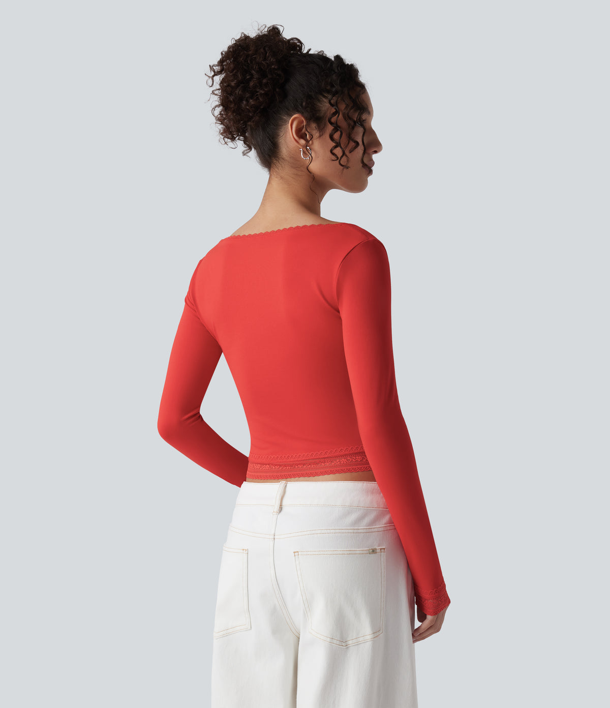 U-Neck Long Sleeve Contrast Lace Work T-Shirt — Aurora Red — view 3