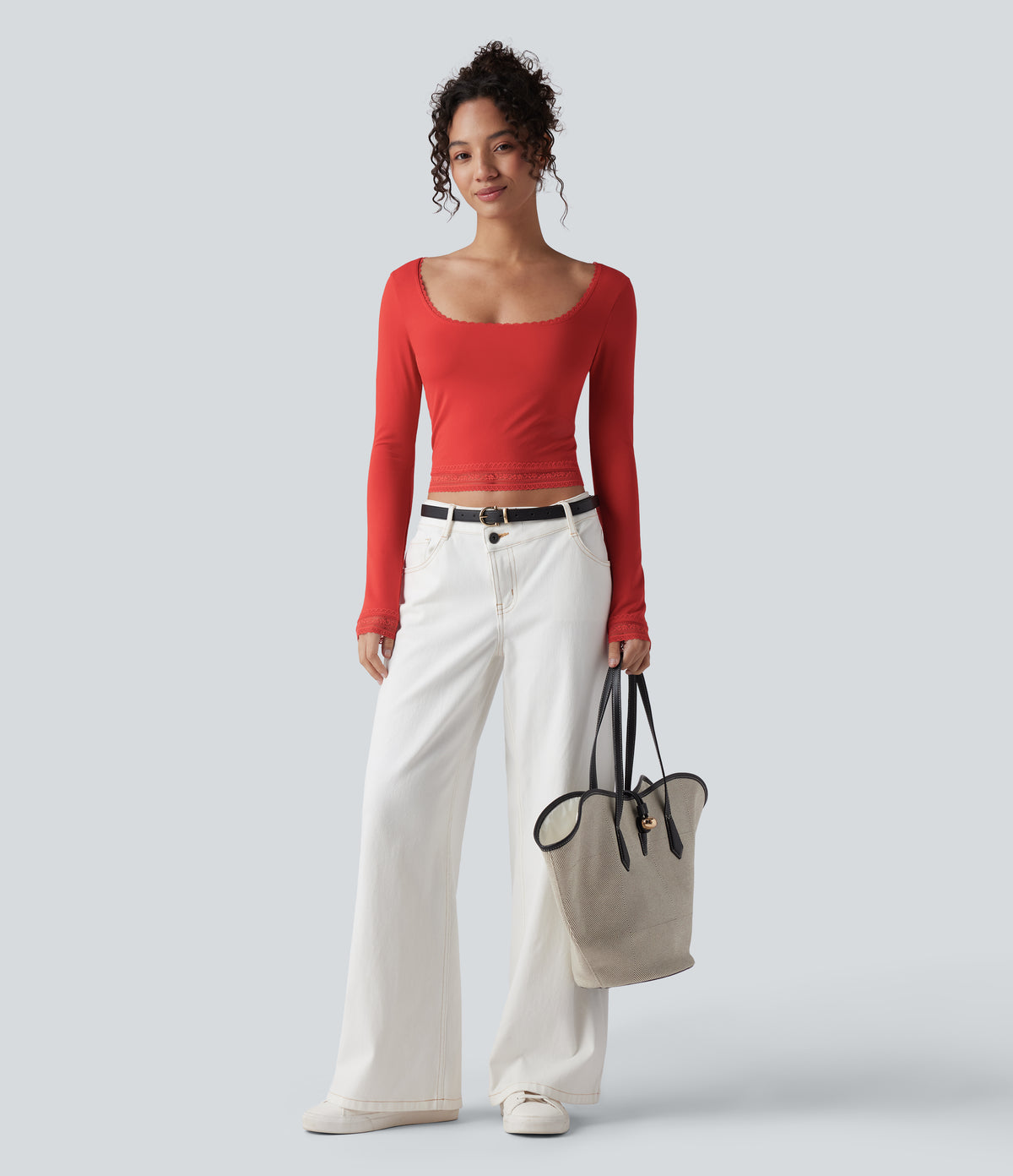 U-Neck Long Sleeve Contrast Lace Work T-Shirt — Aurora Red — view 5