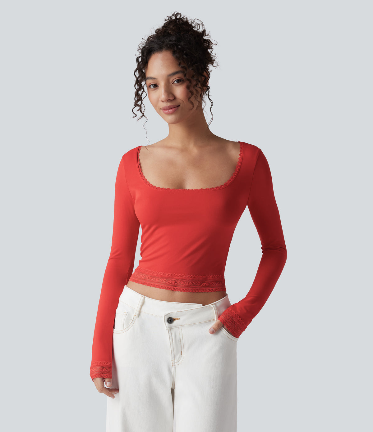 U-Neck Long Sleeve Contrast Lace Work T-Shirt — Aurora Red — view 2