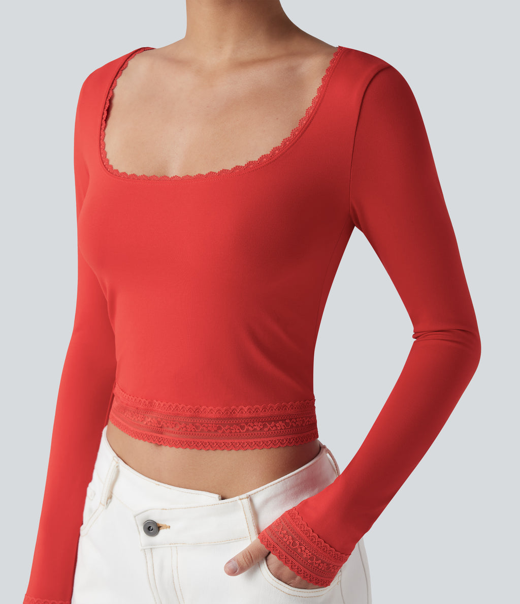 U-Neck Long Sleeve Contrast Lace Work T-Shirt — Aurora Red — view 1