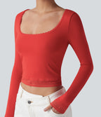 U-Neck Long Sleeve Contrast Lace Work T-Shirt — Aurora Red — view 1