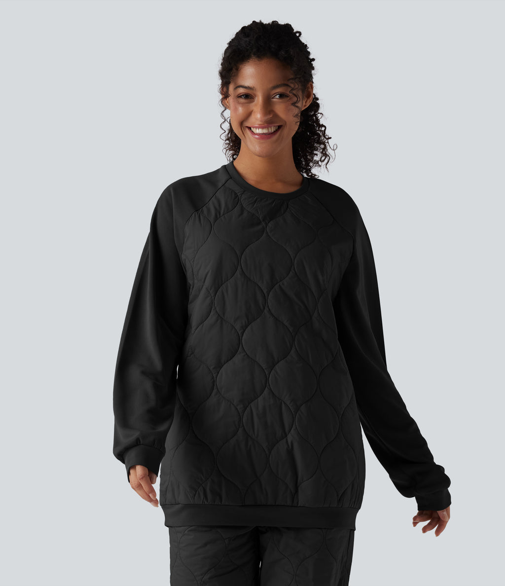 Round Neck Long Sleeve Camping Quilted Sports Sweatshirt — Black — view 6