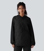 Hooded Drawstring Long Sleeve Camping Quilted Sports Sweatshirt — Black — view 6