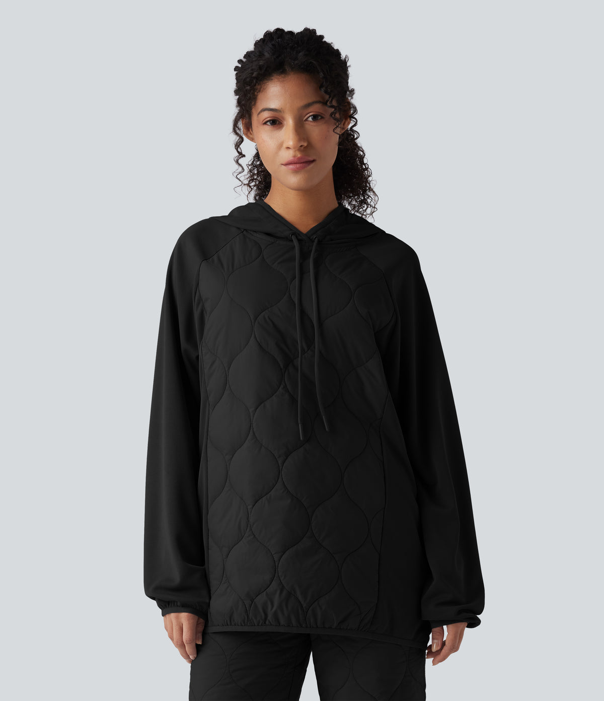 Hooded Drawstring Long Sleeve Camping Quilted Sports Sweatshirt — Black — view 6