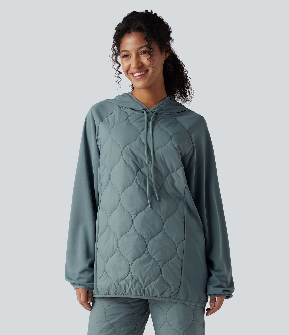 Hooded Drawstring Long Sleeve Camping Quilted Sports Sweatshirt — Trellis — view 1