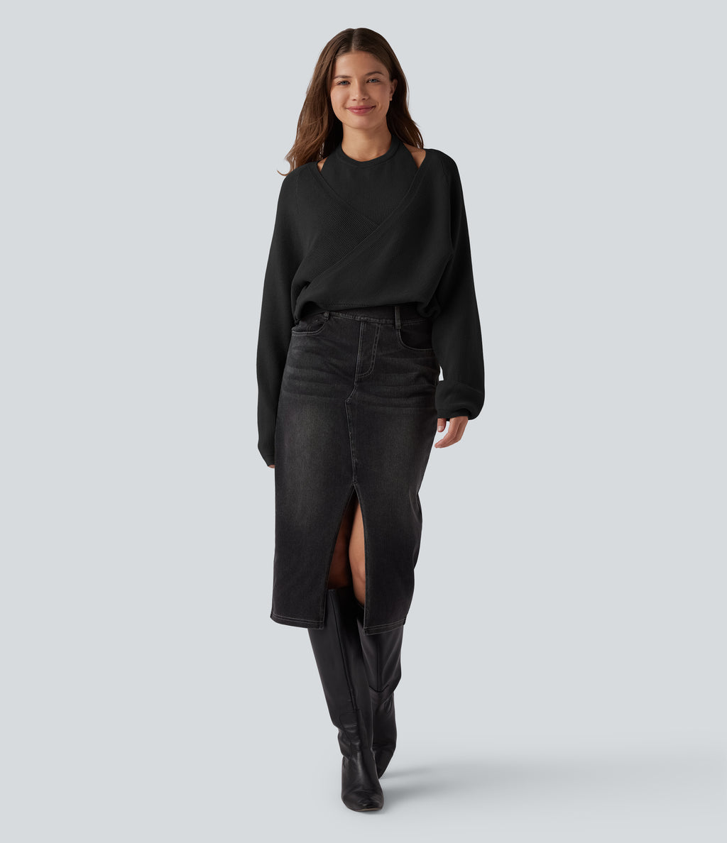 Halter Long Sleeve Wrap 2-in-1 Casual Jumper — Black — view 6
