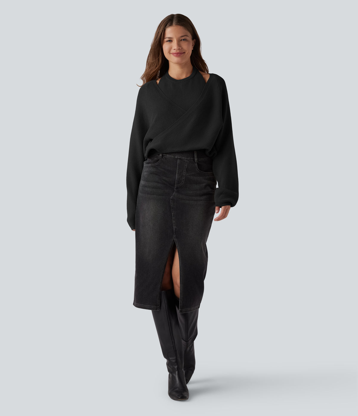 Halter Long Sleeve Wrap 2-in-1 Casual Jumper — Black — view 6