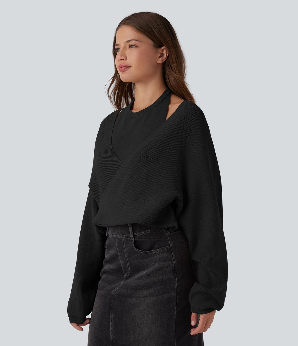 Halter Long Sleeve Wrap 2-in-1 Casual Jumper — Black — view 3